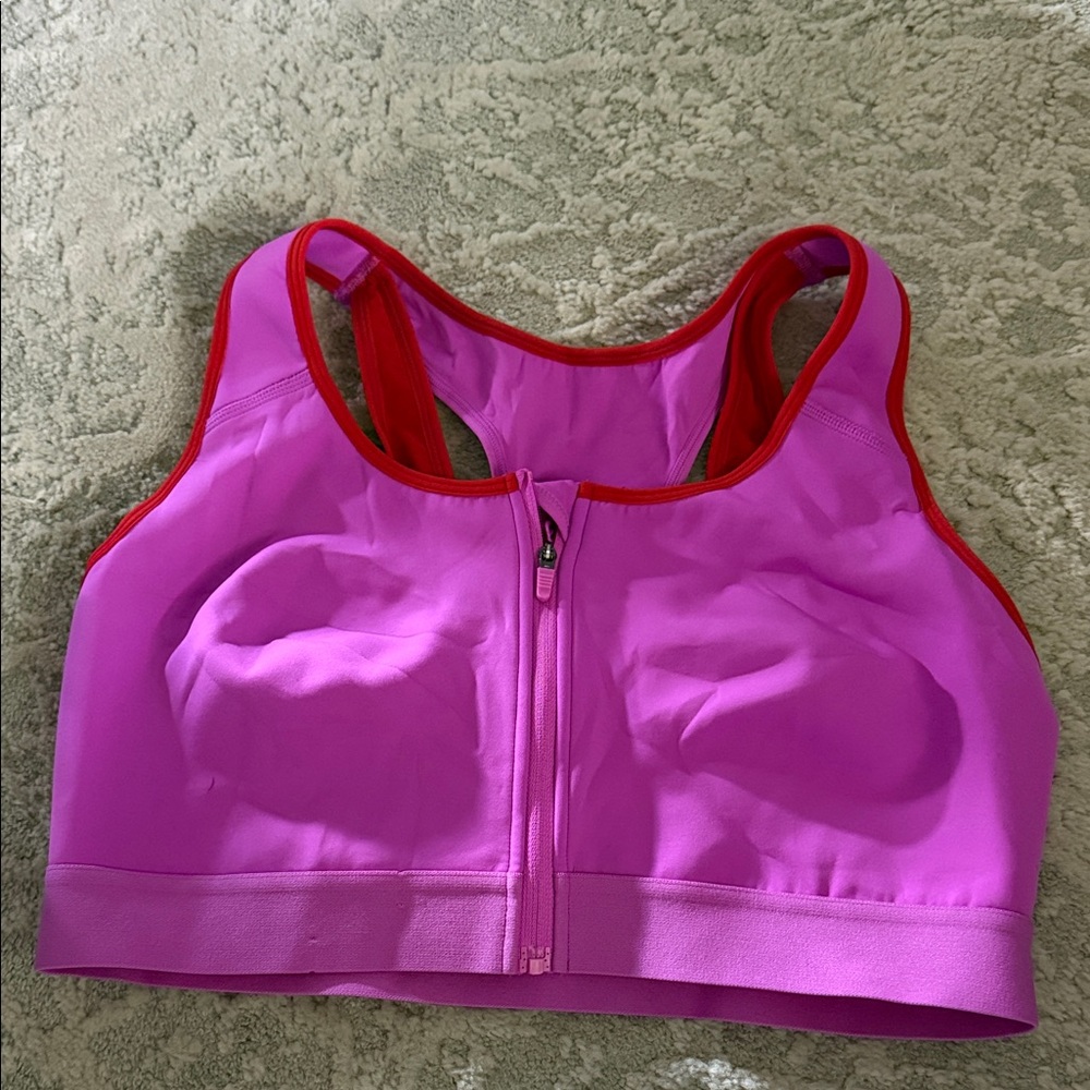 Fabletics Front-Zip Pink Sports Bra with Red Trim